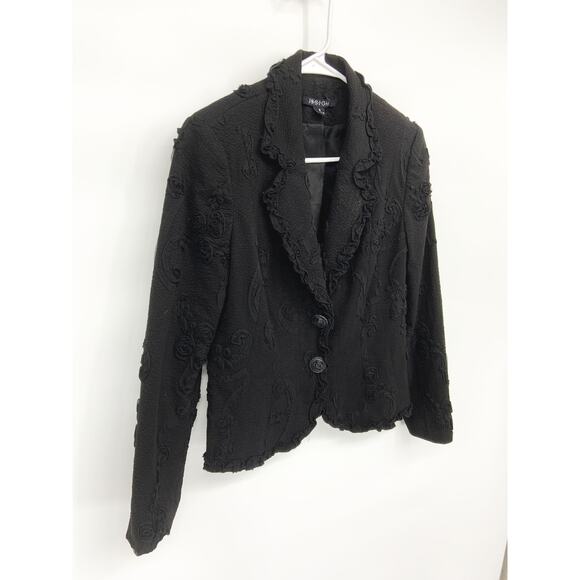 Womens Insight Black Ruffled Cotton Blazer Floral Embroidered 2 Buttons Size 6 - Picture 2 of 7